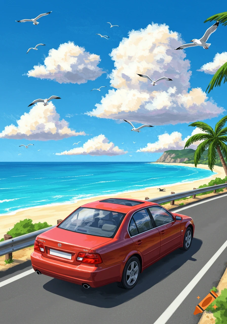 A red sedan drives on a coastal road next to a beach with seagulls and clouds, in an illustrated style.