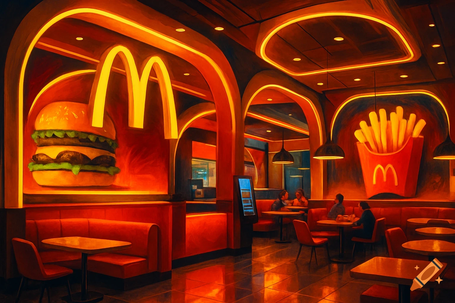 An artistic painting of a McDonald's restaurant interior, showing customers, red booths, and large murals of a burger and fries.