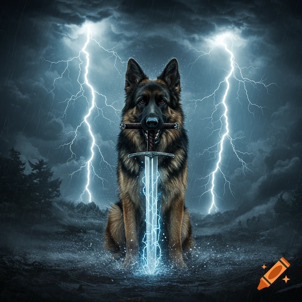 A German Shepherd dog holds a glowing sword in its mouth as lightning strikes behind it in a stormy, rainy landscape.
