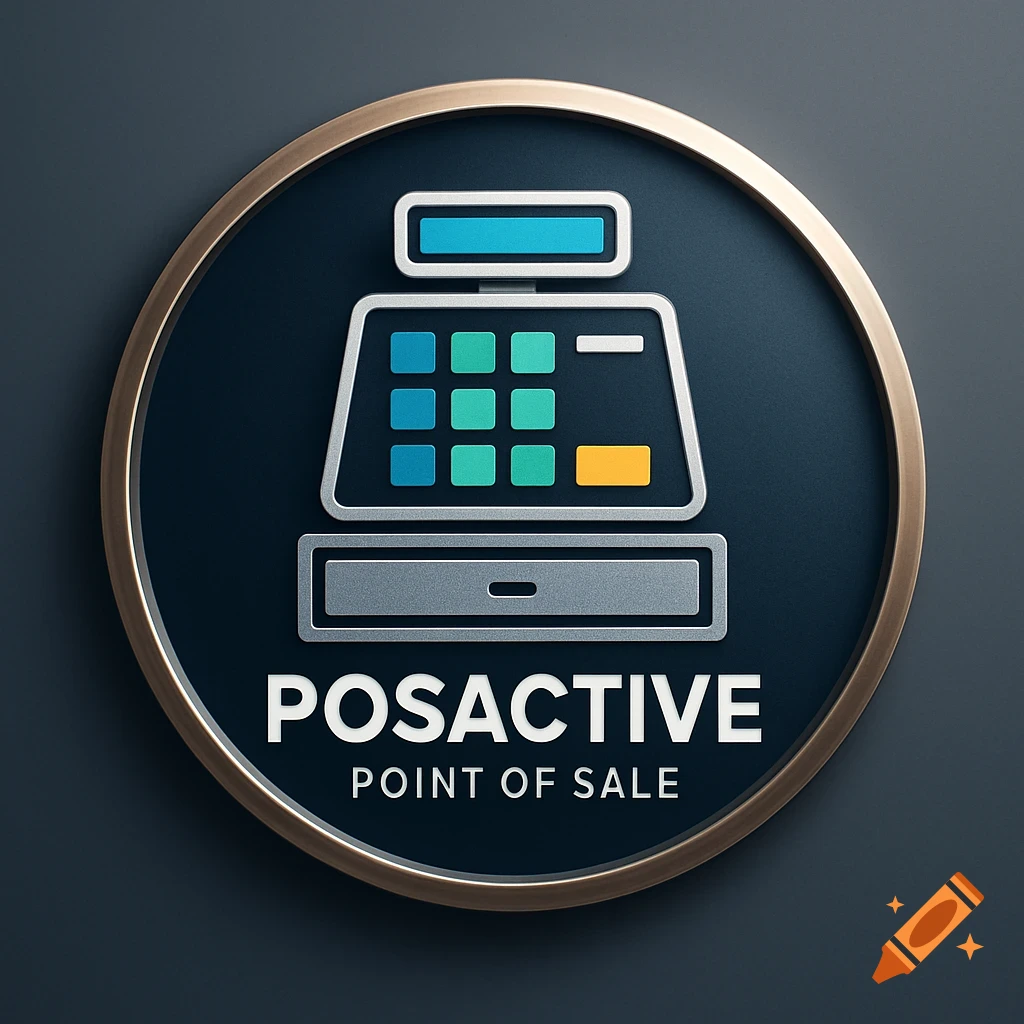 A circular logo badge featuring a stylized cash register icon in silver and blue, with the words "POSACTIVE POINT OF SALE" in white text below it, all set against a dark blue background with a bronze rim.