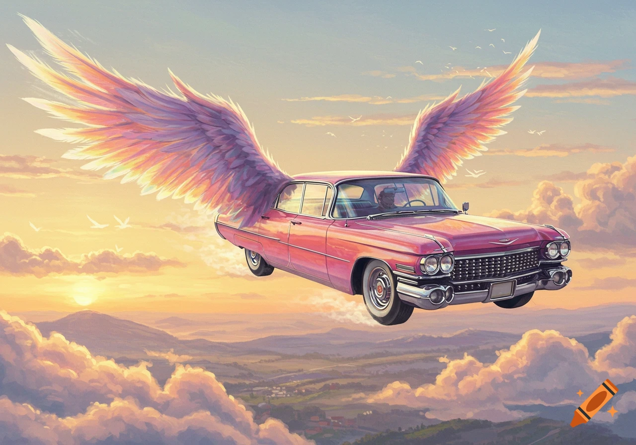A pink Cadillac with large, colorful wings flies through a sunset sky over mountains and clouds.