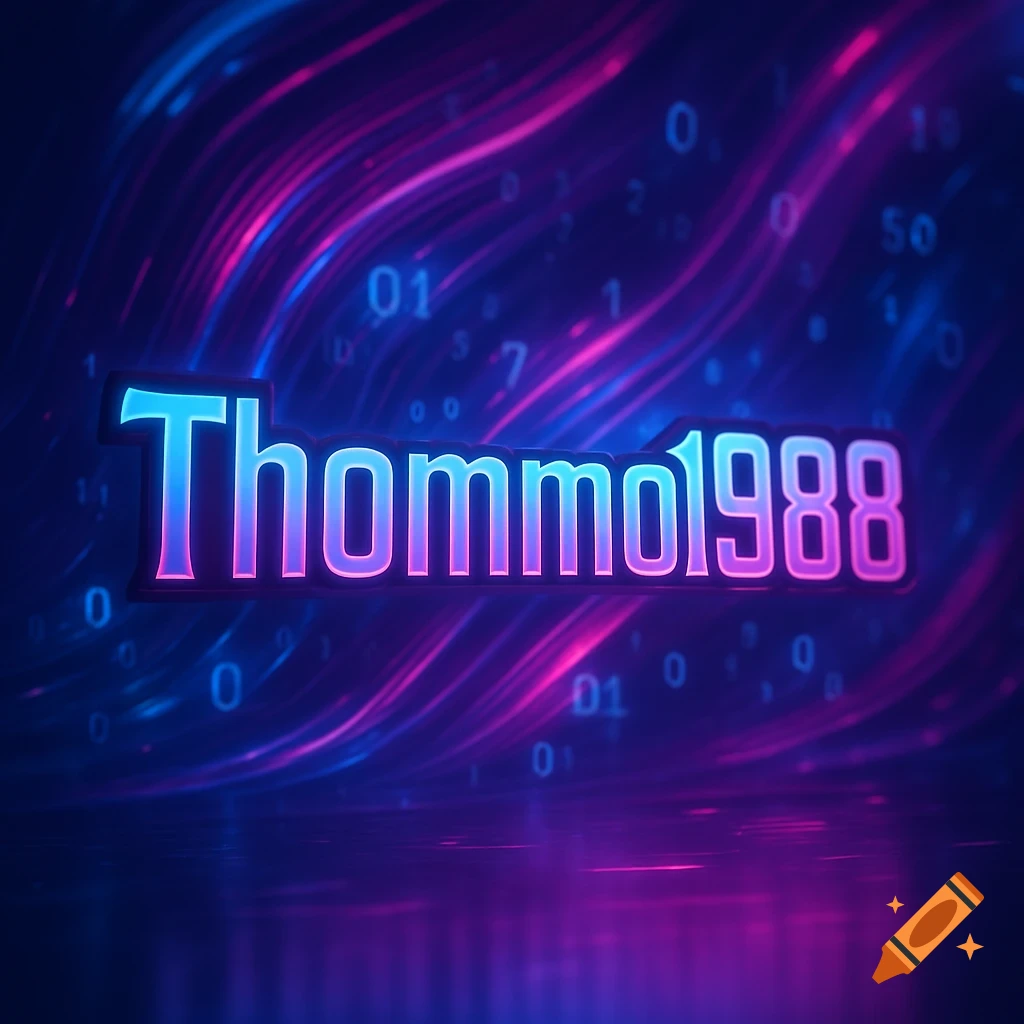 Neon blue and pink logo displaying 'Thommo1988' against a dark background with glowing abstract lines and binary code.