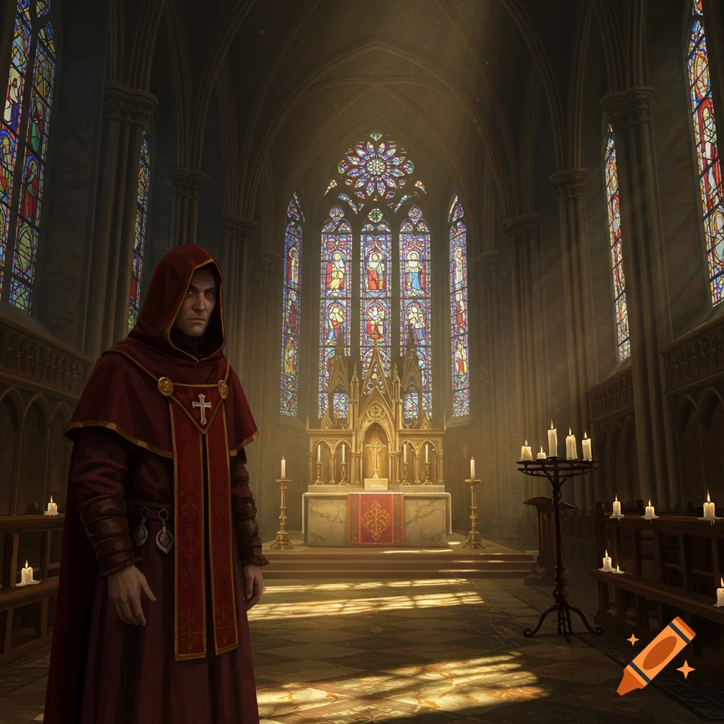 A hooded cleric stands in a grand church with light streaming through colorful stained glass windows.