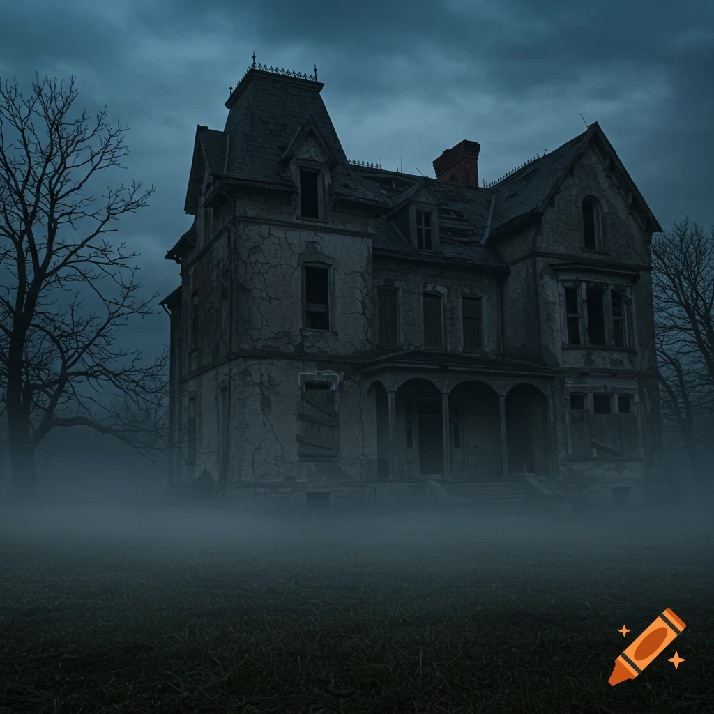 A spooky, dilapidated Victorian mansion stands amidst a foggy field and bare trees under a dark, cloudy sky.