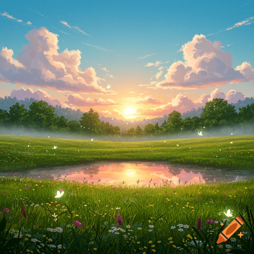 A vibrant, idyllic landscape at sunrise with a pond reflecting the colorful sky, green fields, trees, and glowing white butterflies.