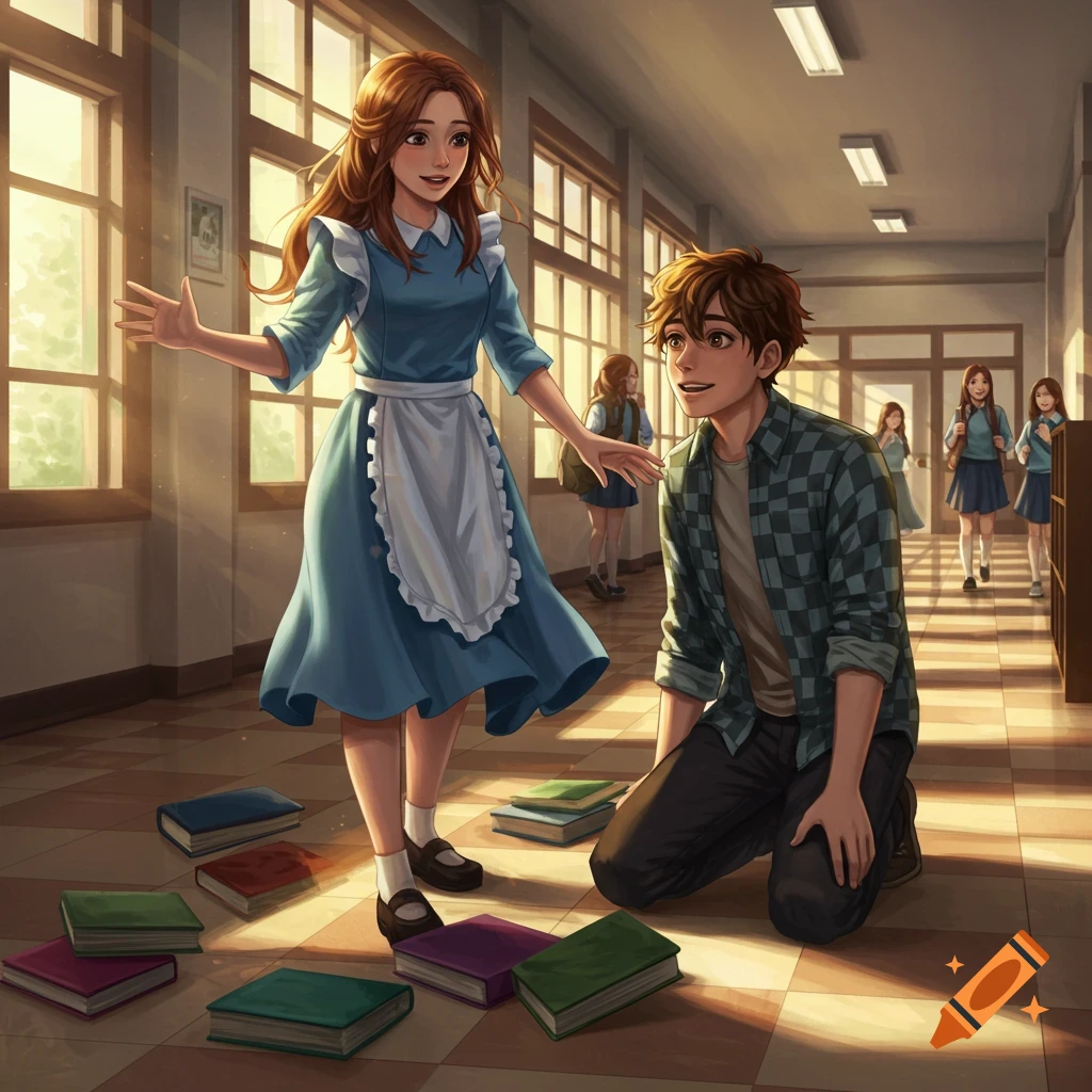 Anime illustration: A young woman in a blue dress and a young man in a plaid shirt look at each other in a school hallway, with books on the floor.