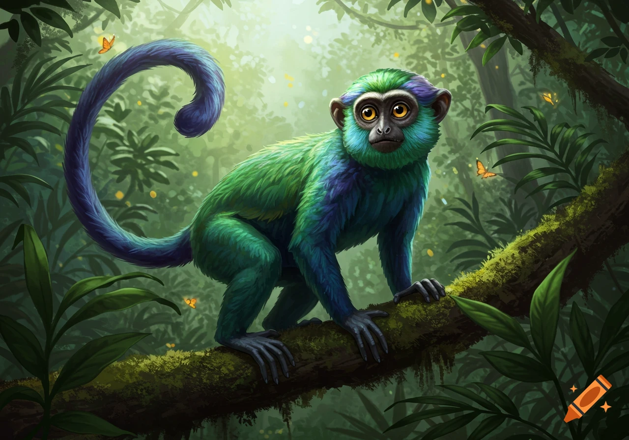 A vibrant green and blue monkey with large orange eyes sits on a mossy tree branch in a lush, bright green jungle.