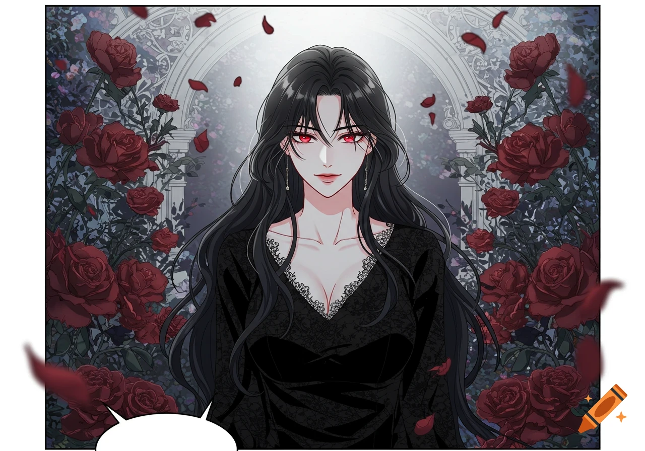 A beautiful woman with long black hair and red eyes in a black lace dress, surrounded by red roses, in manhwa art style.