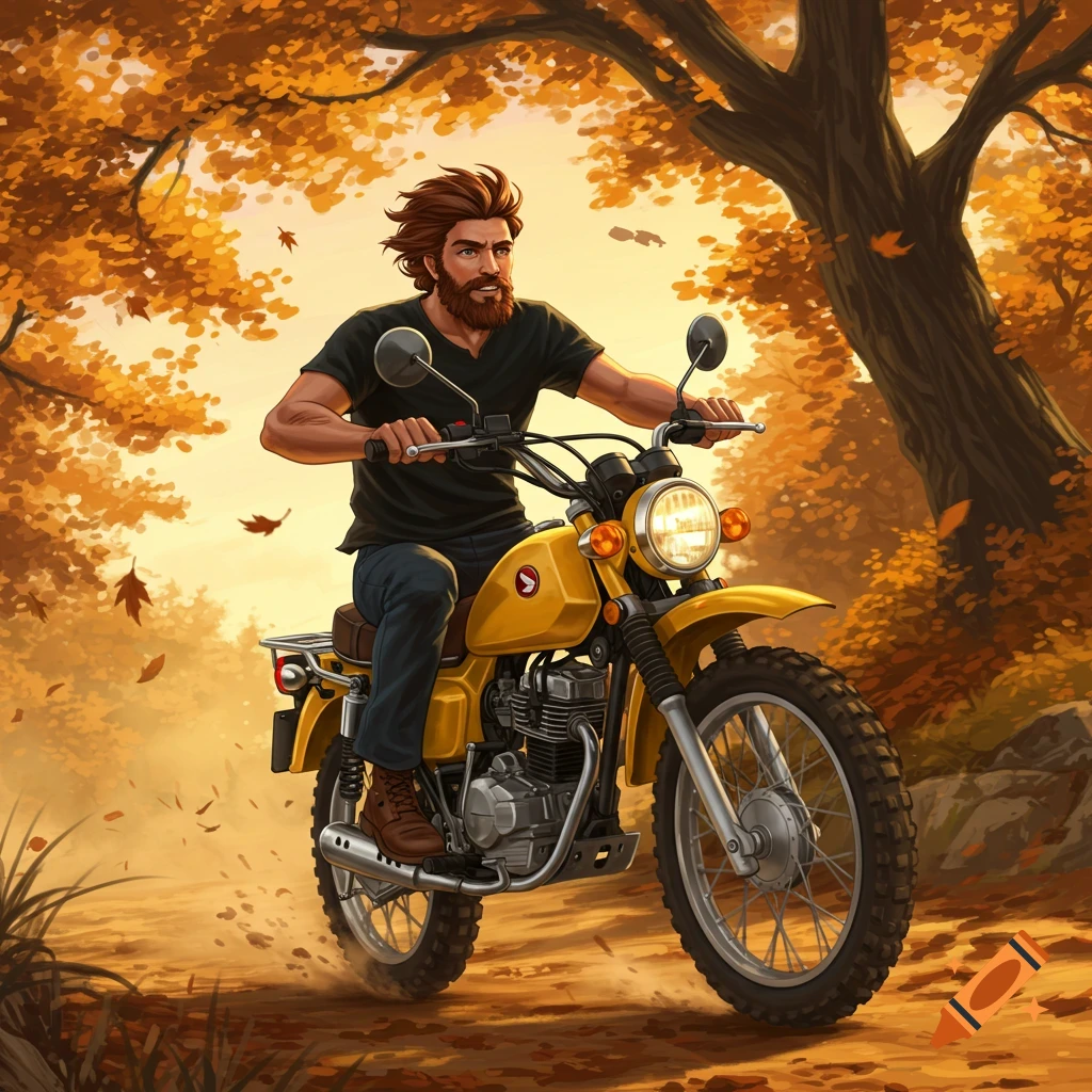 A bearded man rides a yellow motorcycle on a dirt path through an autumn forest.