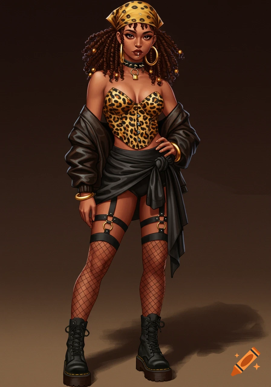 A stylized illustration of a woman with dreadlocks in a cheetah print corset, black skirt, fishnet tights, and combat boots.