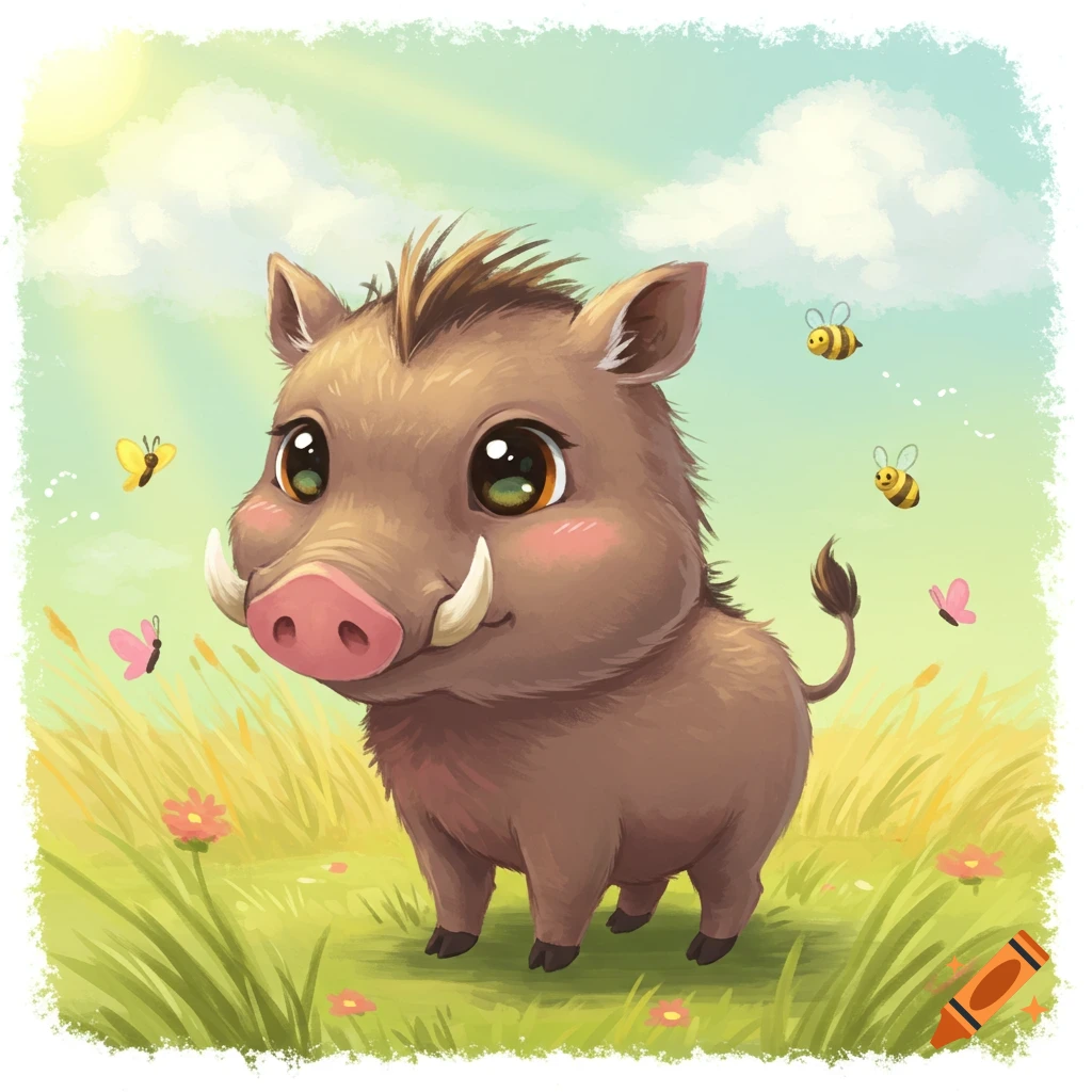 A cute, cartoon chibi warthog stands in a sunny, grassy field with flowers, butterflies, and bees.