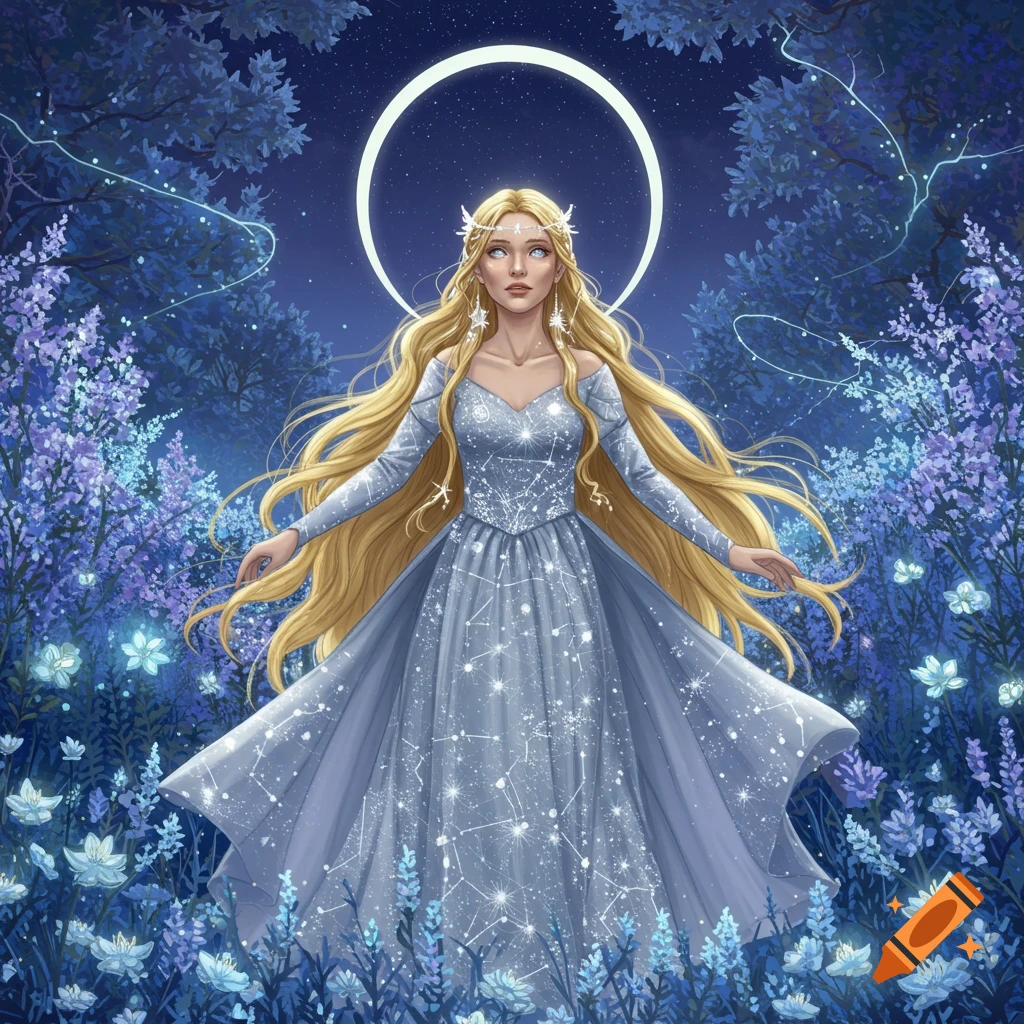 A blonde woman in a shimmering blue gown adorned with constellations and a glowing halo stands in a mystical forest filled with bioluminescent flowers.
