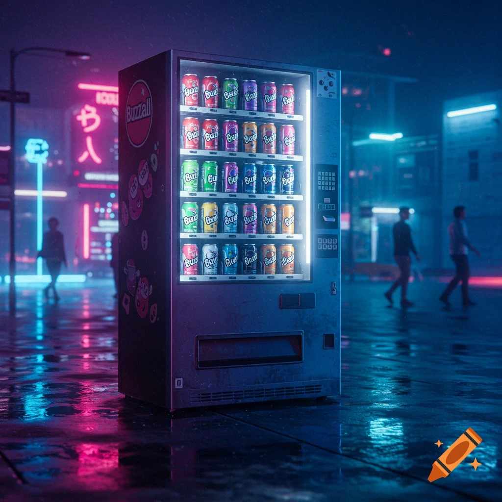 A colorful vending machine glowing with neon lights on a wet street at night, with blurred figures and city lights in the background.