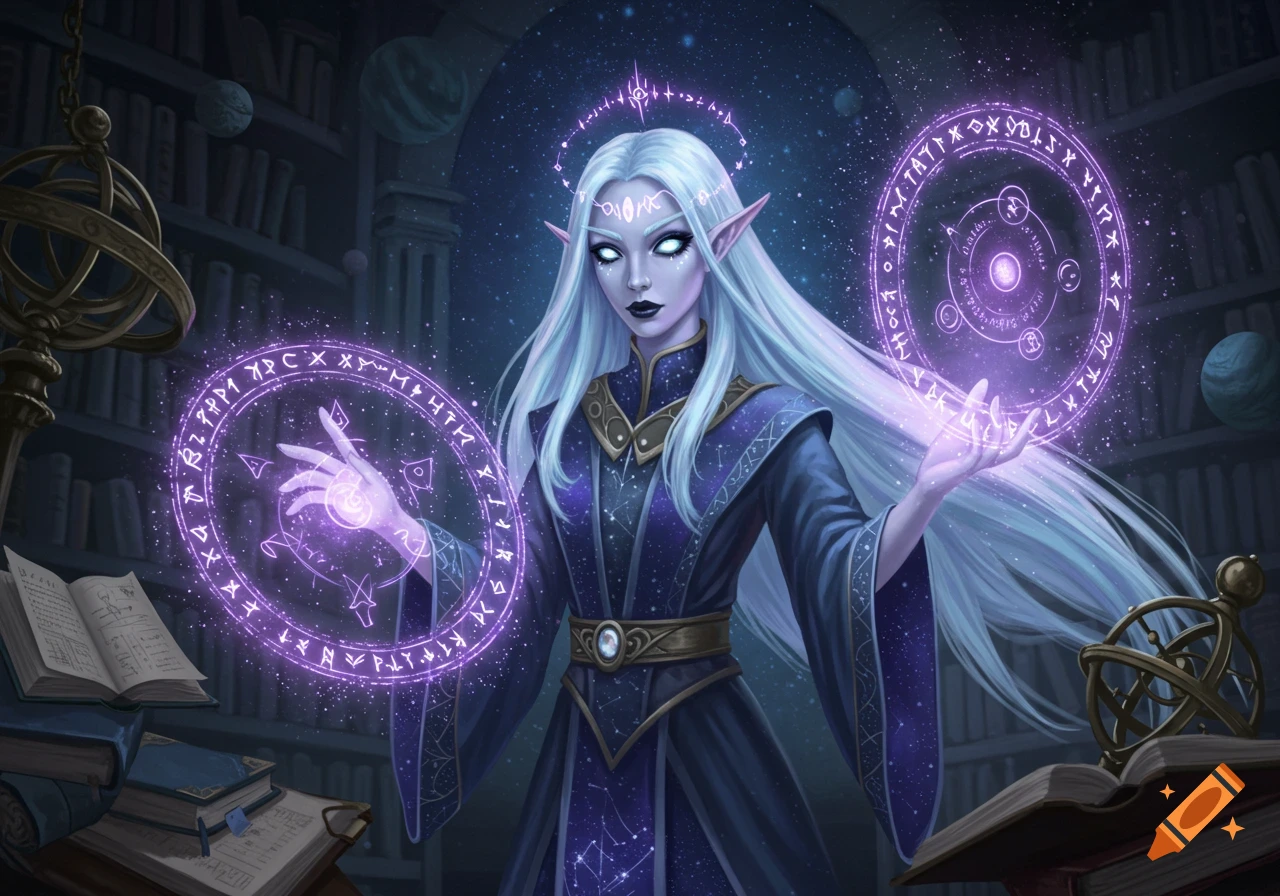 An astral elf professor with white hair and glowing eyes casts purple magic spells, surrounded by floating runic circles in a library.