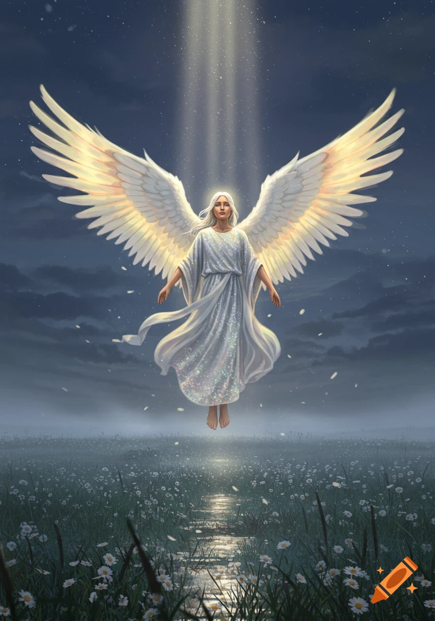 A white-haired angel with large glowing wings floats above a field of white flowers under a starry night sky with a beam of light.