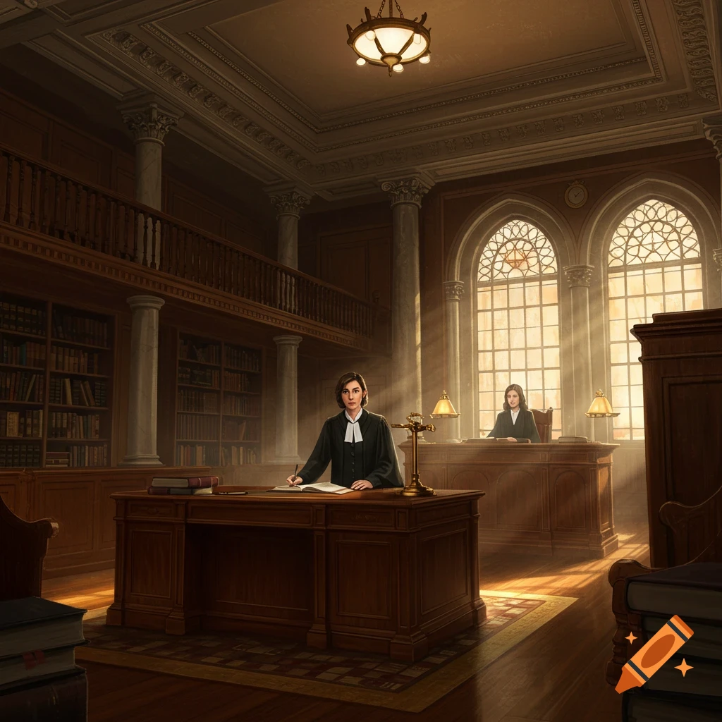 Two women in a grand, sunlit library or law office, one writing at a desk, the other seated in the background.