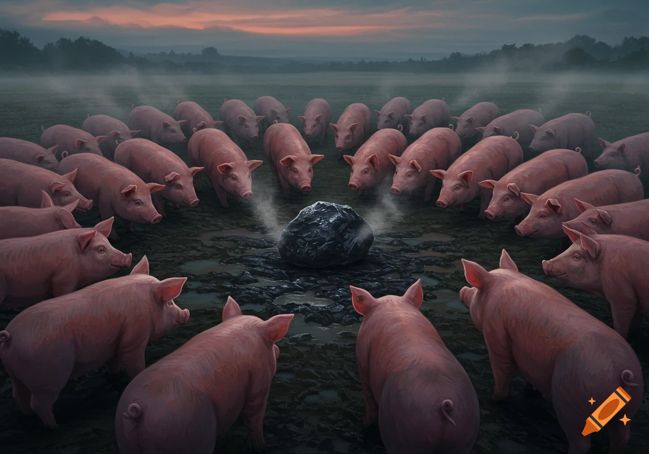 A large group of pink pigs gather in a muddy field around a glowing black rock under a misty, twilight sky.