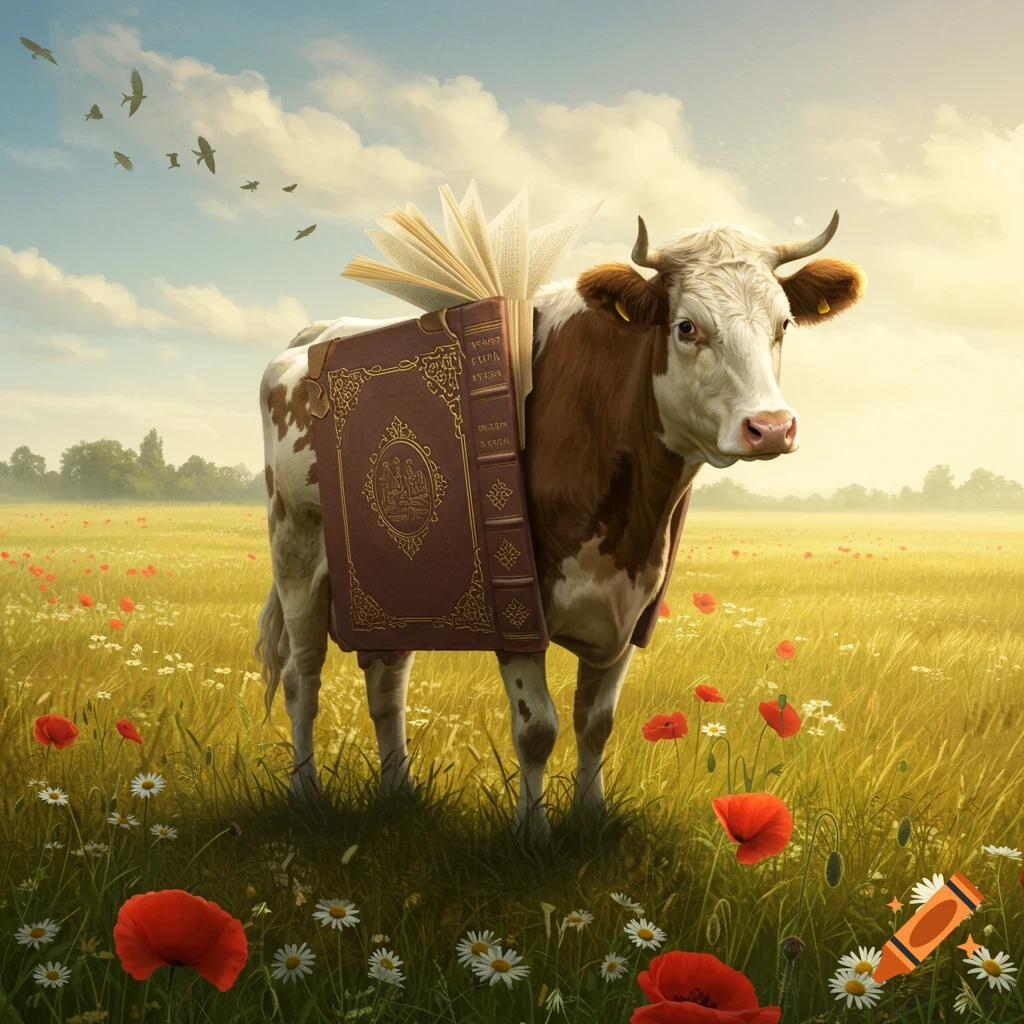 A brown and white cow with an ornate, brown book for a body stands in a sunny field with red poppies and white daisies. Birds fly in the sky.