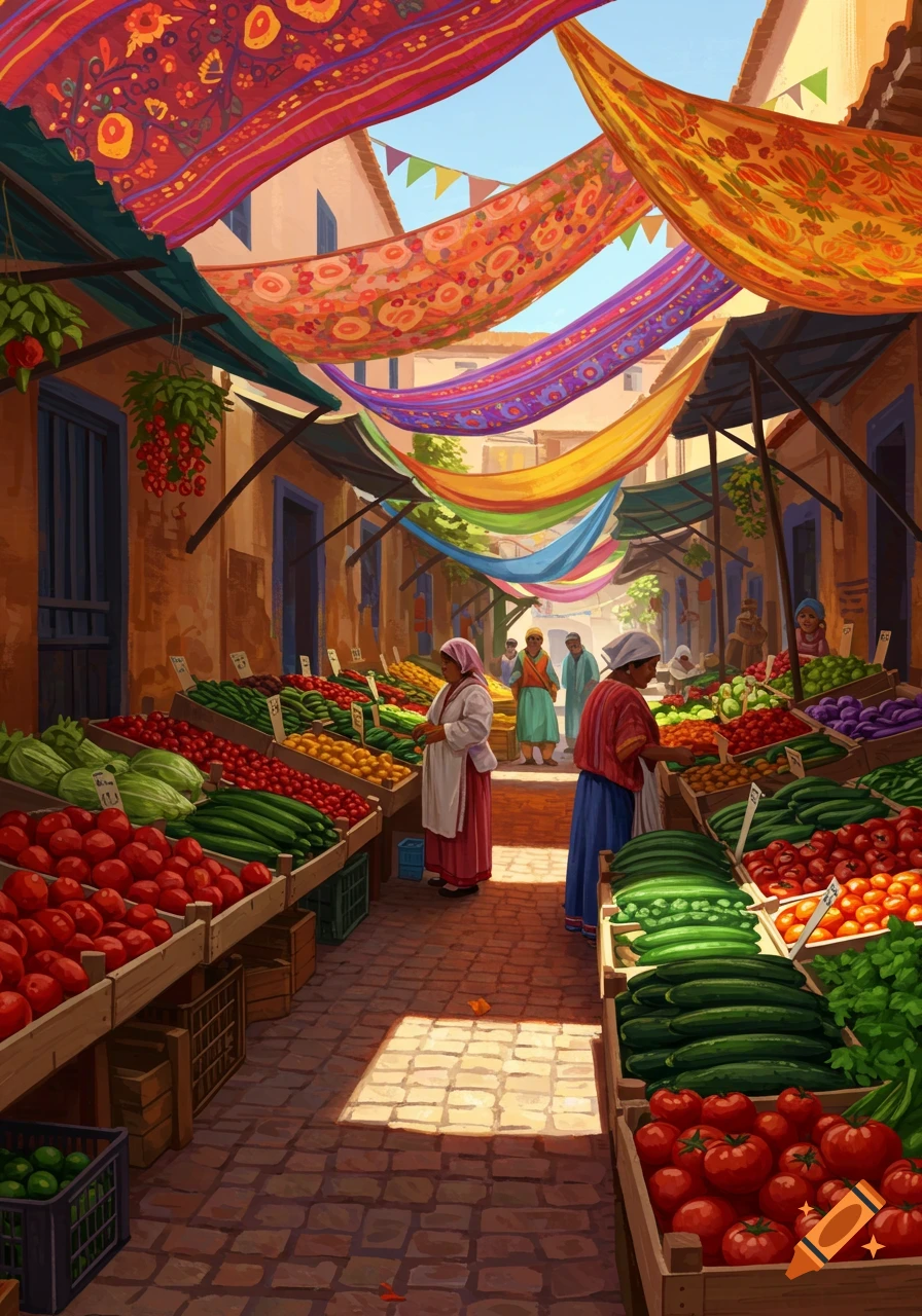 Vibrant outdoor market scene with colorful fabric canopies, bustling stalls of fresh produce, and people browsing.
