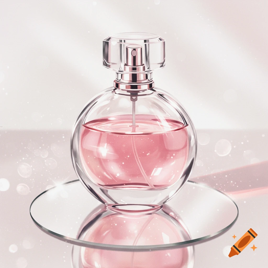 A clear glass perfume bottle with pink liquid and a silver sprayer sits on a reflective surface with soft pink lighting and sparkling bokeh.