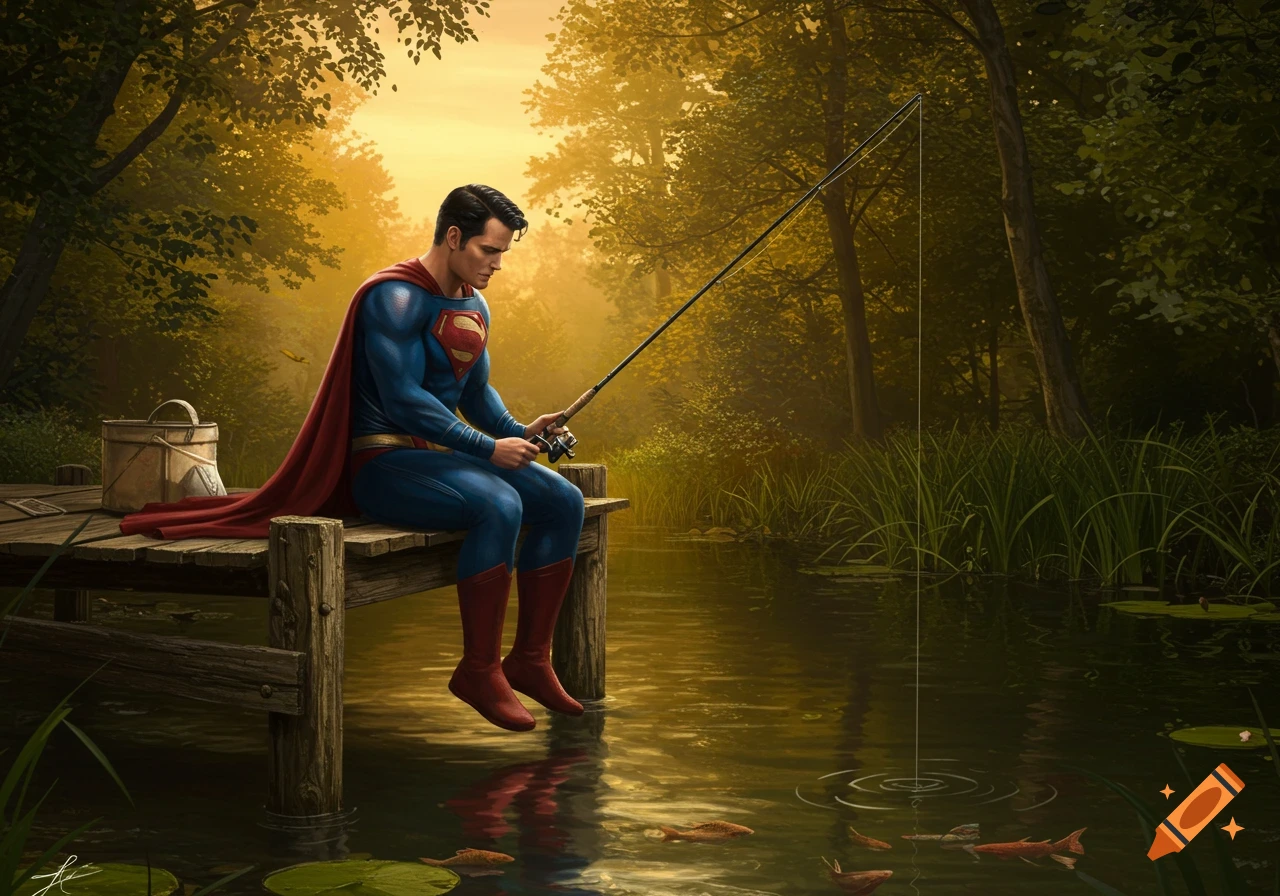 Superman in his suit fishing on a wooden dock at a pond surrounded by trees during sunset.