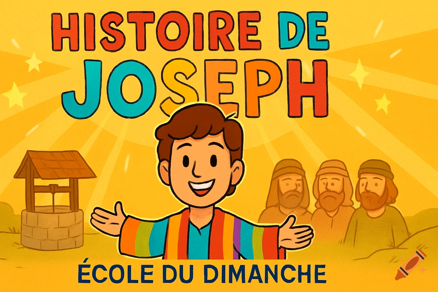 Cartoon illustration of Joseph in a colorful tunic with a well, stars, and text 'Histoire de Joseph', 'École du Dimanche'.