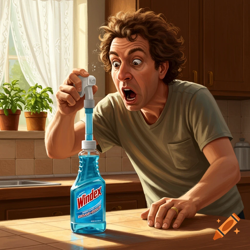 A man with curly hair, eyes wide and mouth open in shock, sprays a Windex bottle to swat a mosquito in a sunlit kitchen.