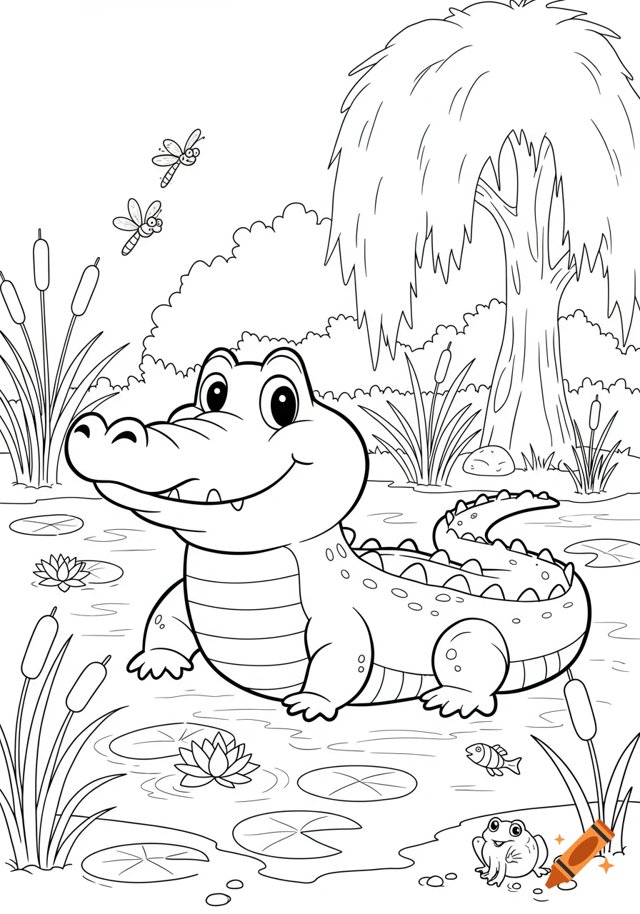 A friendly cartoon alligator in a swamp, black and white line art coloring book style.