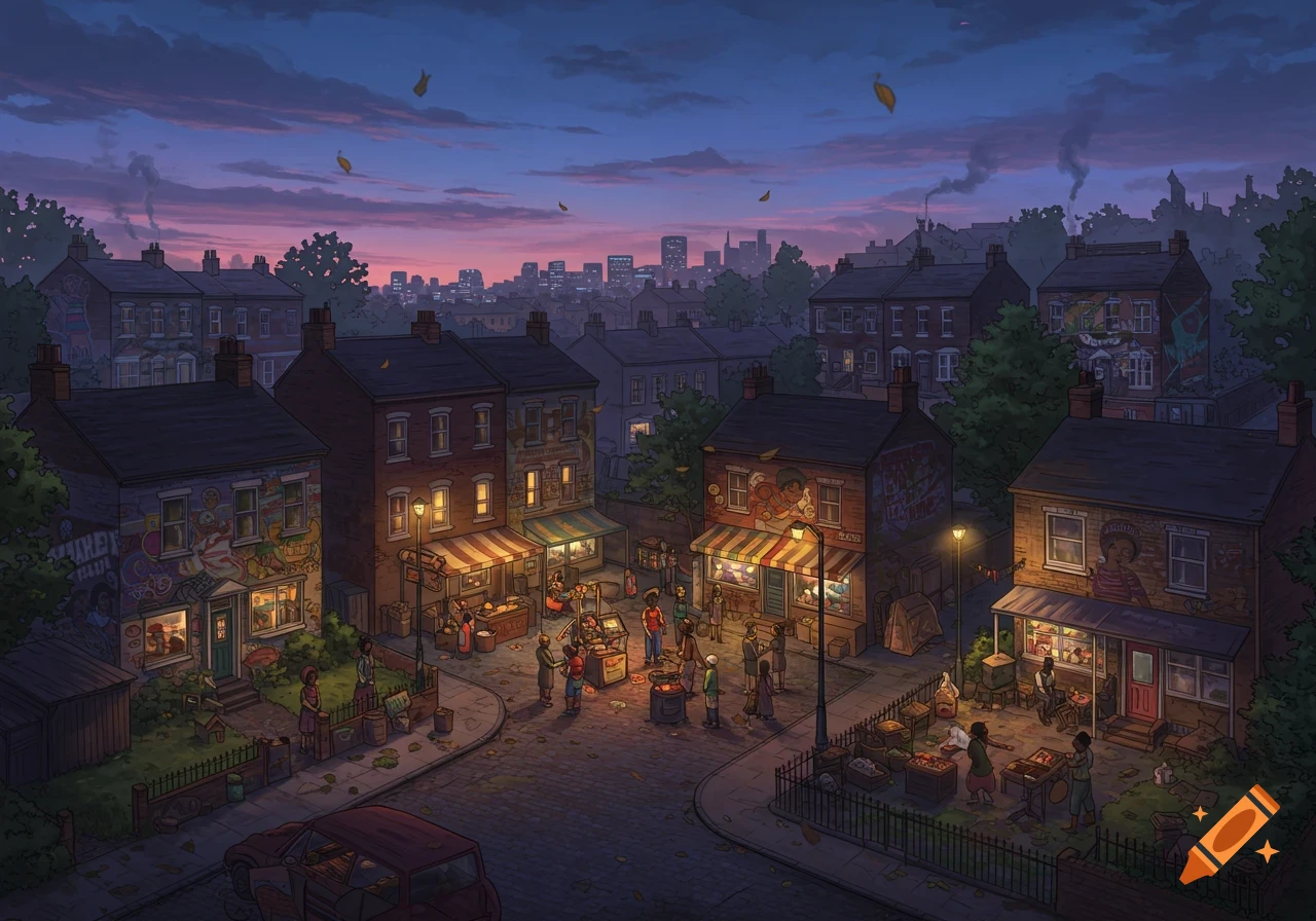An overhead illustration of a bustling street market at dusk in an urban neighborhood, with people gathered around colorful shops and stalls.