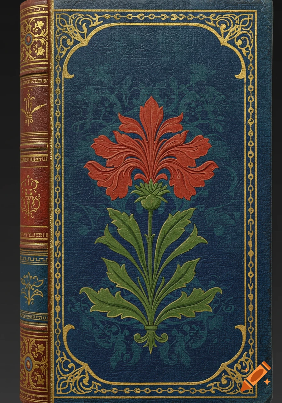 An ornate blue and gold Victorian book cover featuring a large red and green flower design, with a red patterned spine.
