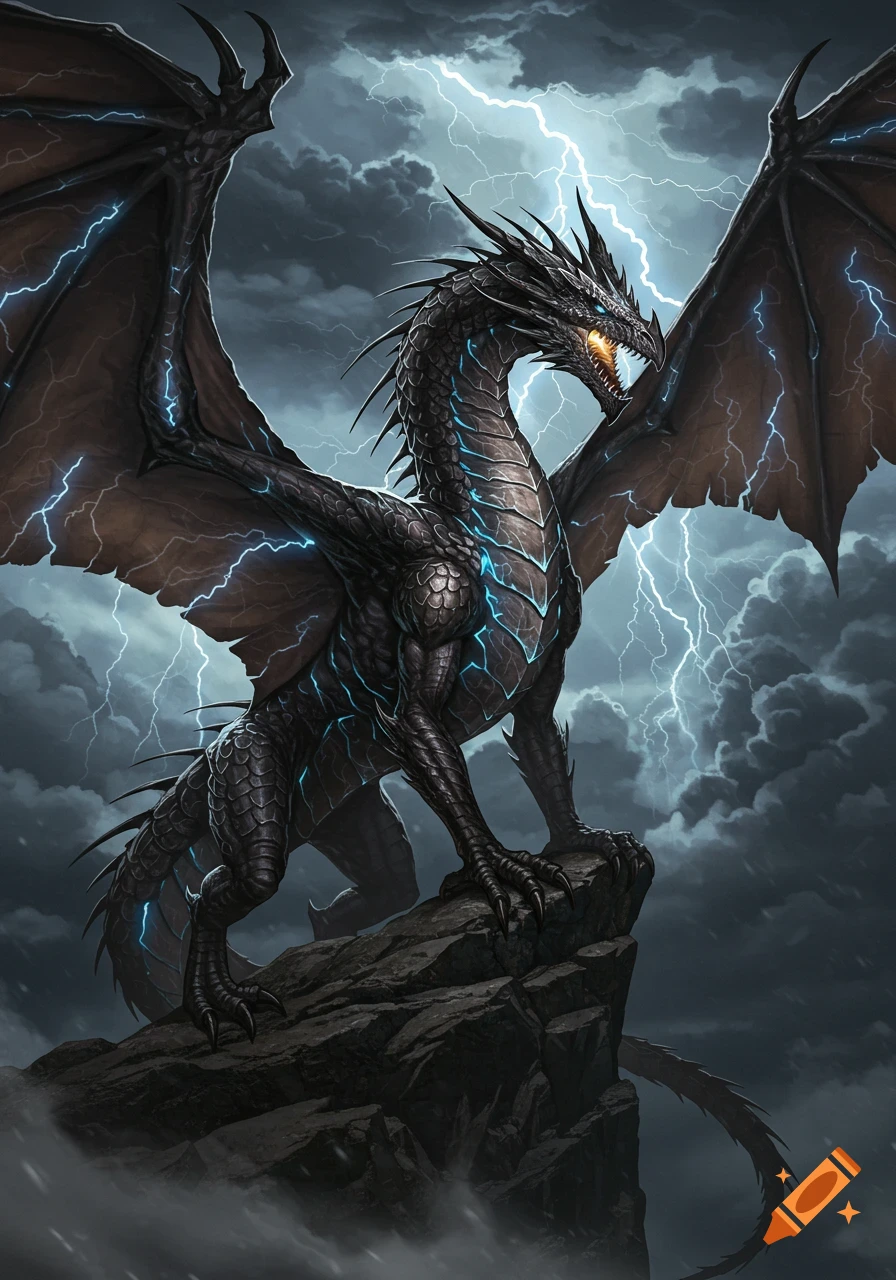 A majestic black dragon with glowing blue lightning patterns on its scales stands on a rock under a stormy, lightning-filled sky.