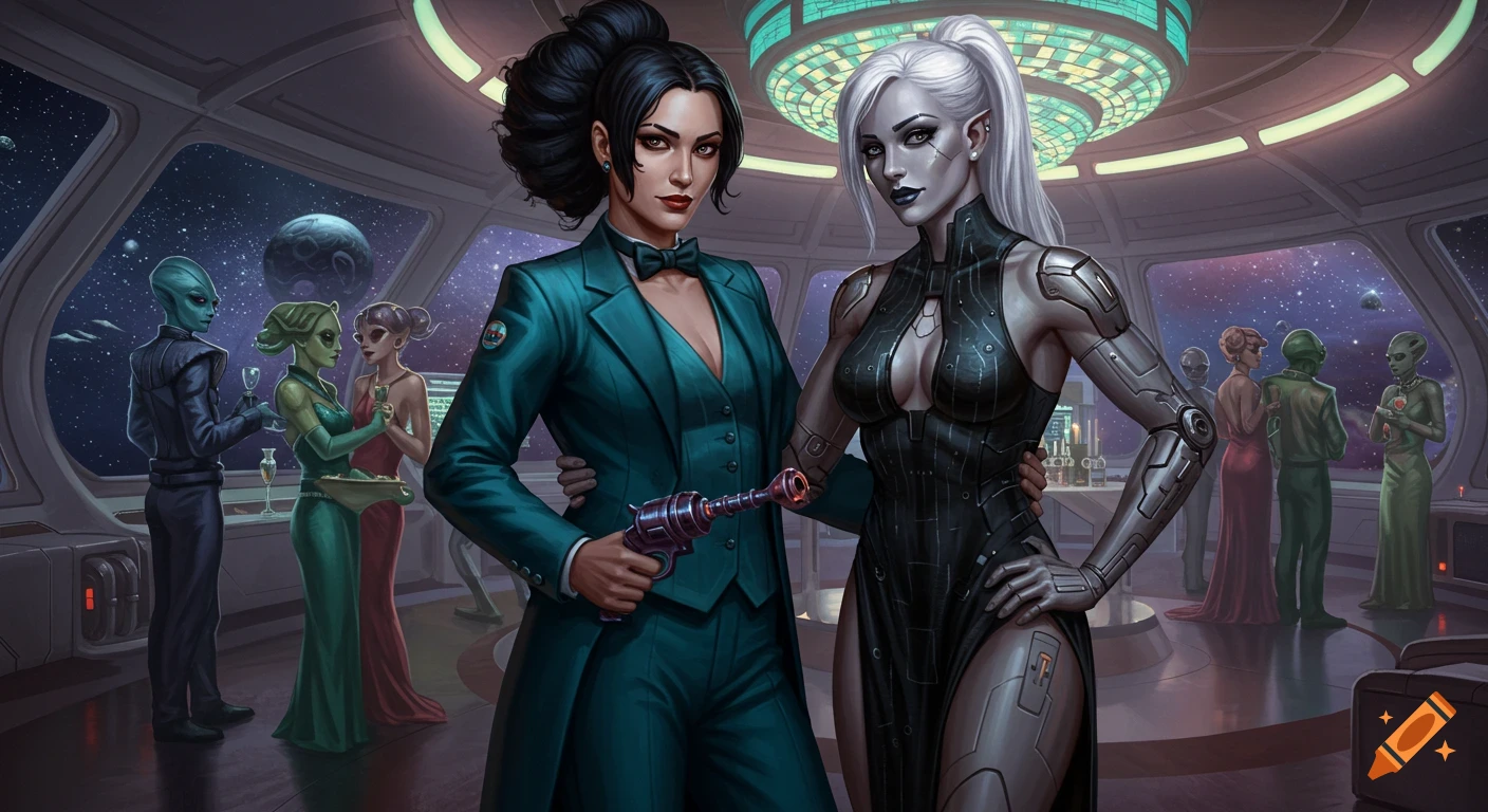 Two striking women, one in a teal suit and one in a black gown with robotic elements, at a glamorous retro-futuristic sci-fi gala with alien guests in an orbital ballroom.