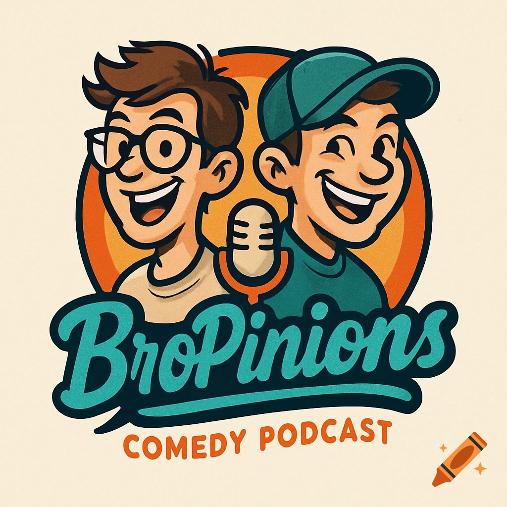 A cartoon logo for 'BroPinions Comedy Podcast' featuring two smiling men and a microphone in front of a circular sunset-like background.