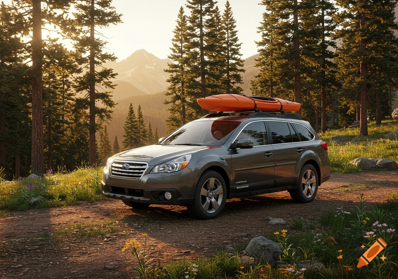 Photorealistic image of a gray Subaru Outback station wagon with an orange kayak on its roof, parked on a dirt road in a sunny forest with mountains in the background.