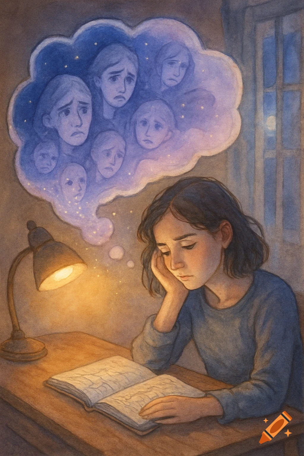 Watercolor illustration of a sad girl at a desk, looking at an open book, with a thought bubble of sad faces above her head.