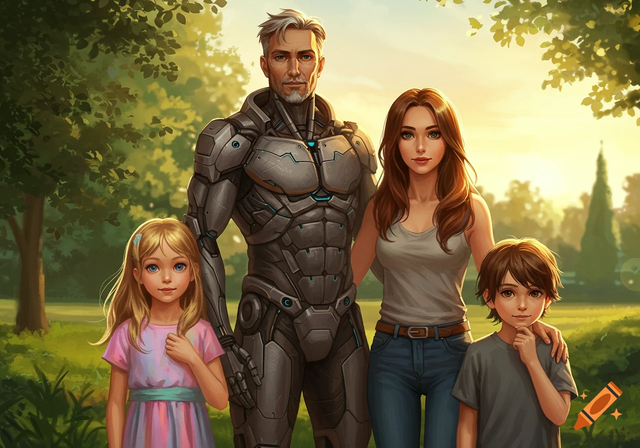 A digital art illustration of a family of four, with the father in a sci-fi mech suit, standing in a sunny park.