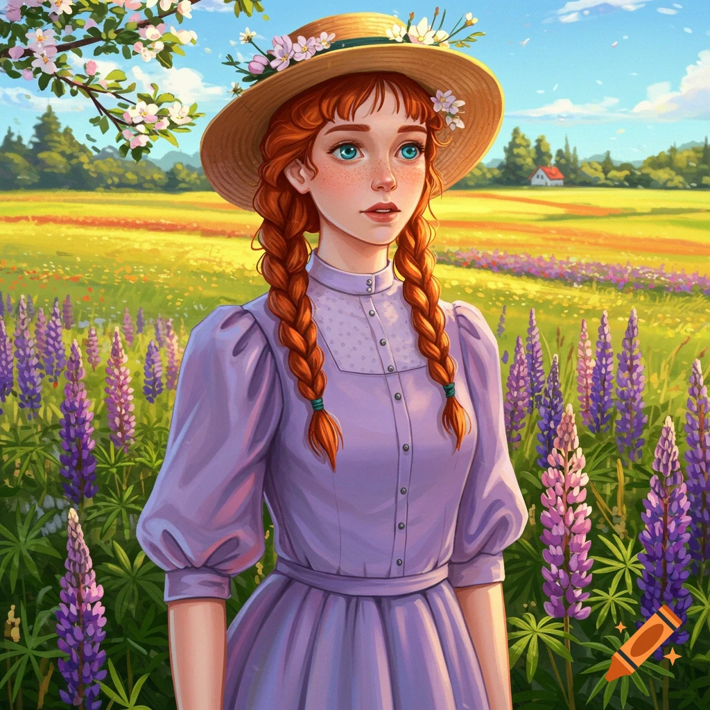 An illustrated portrait of a young woman with red braids and a straw hat standing in a vibrant field of purple lupines.