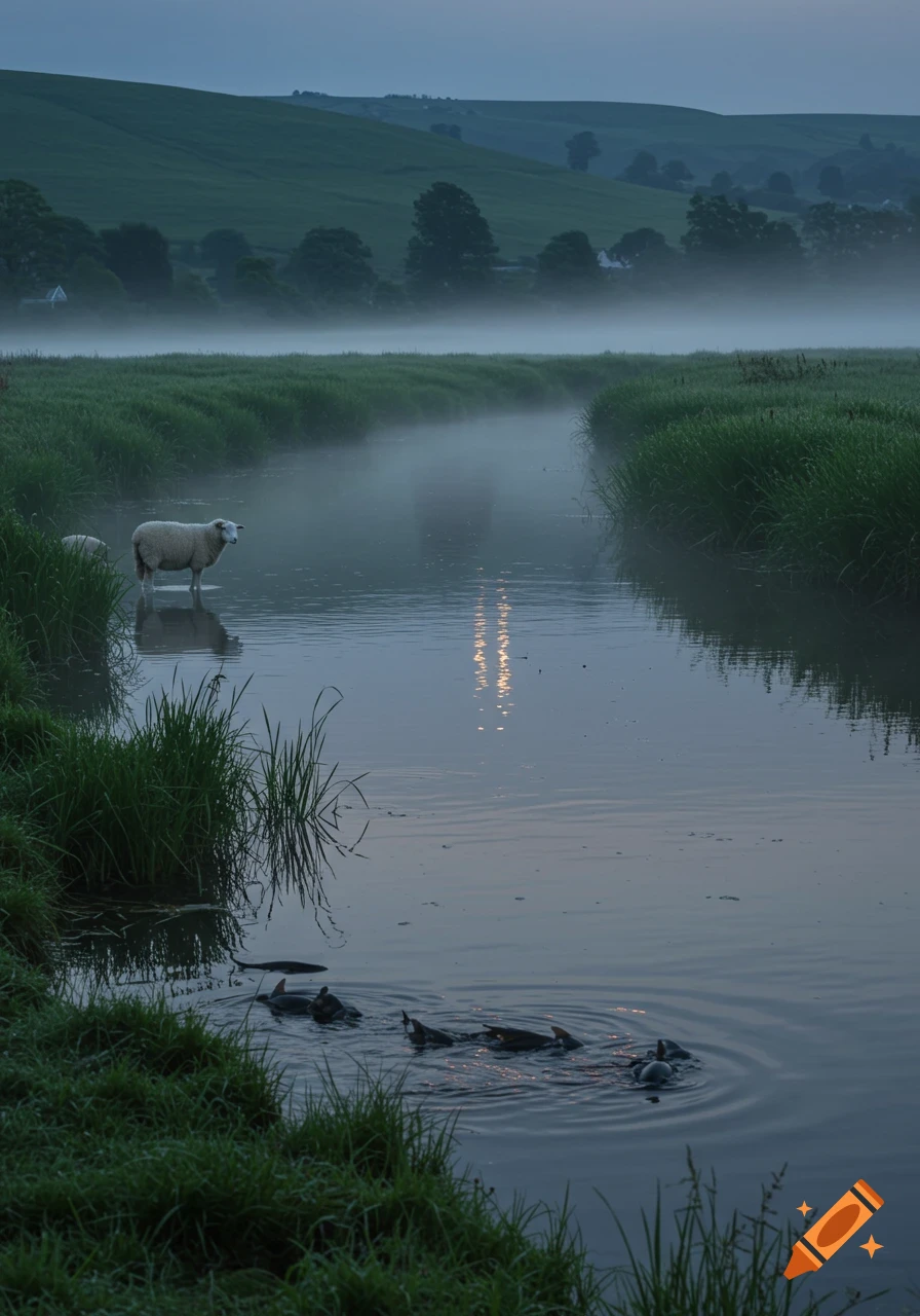 A misty, tranquil river flows through green meadows with a sheep standing in the shallow water and ducks swimming. Hills rise in the background.
