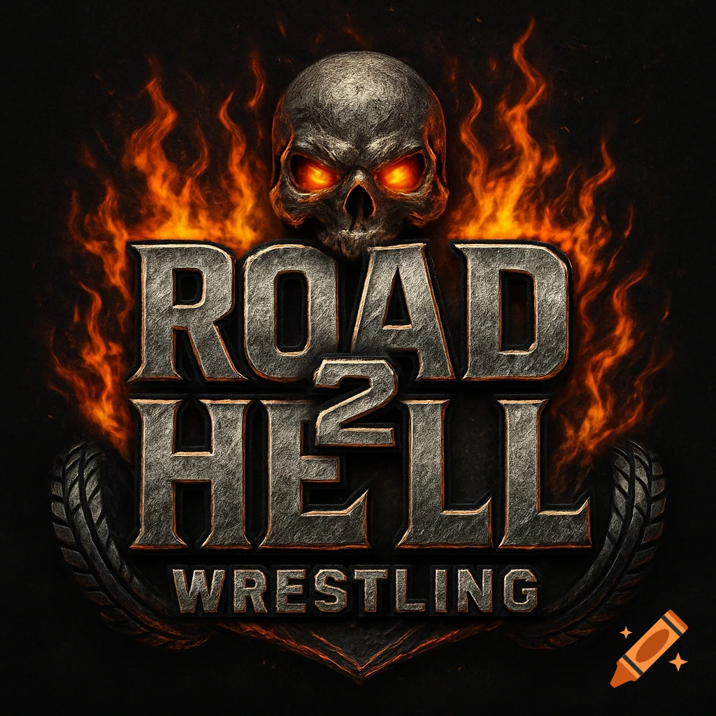 A metallic skull with glowing eyes and flames behind a bold, textured logo that reads 'ROAD 2 HELL WRESTLING' above a tire motif.