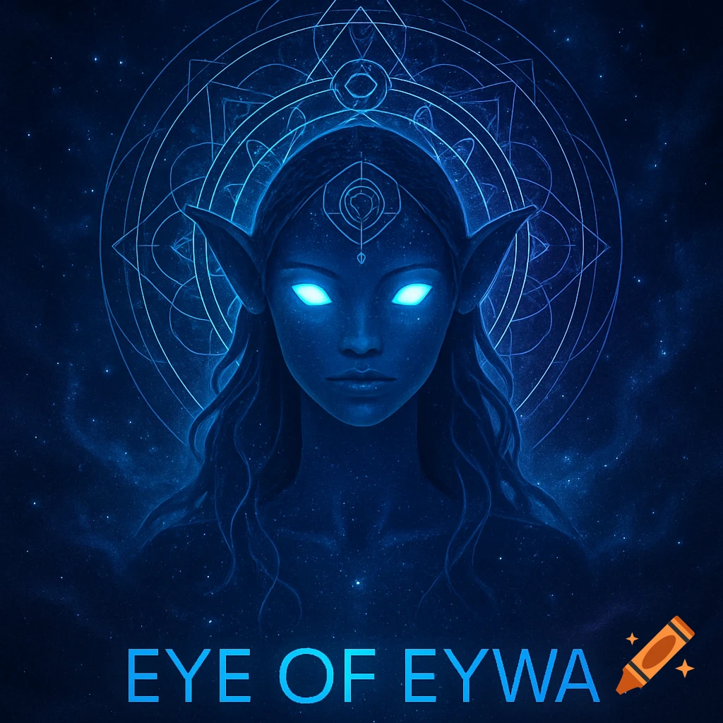 Blue-skinned elven figure with glowing eyes and a mystical halo against a starry blue background, with "EYE OF EYWA" text.