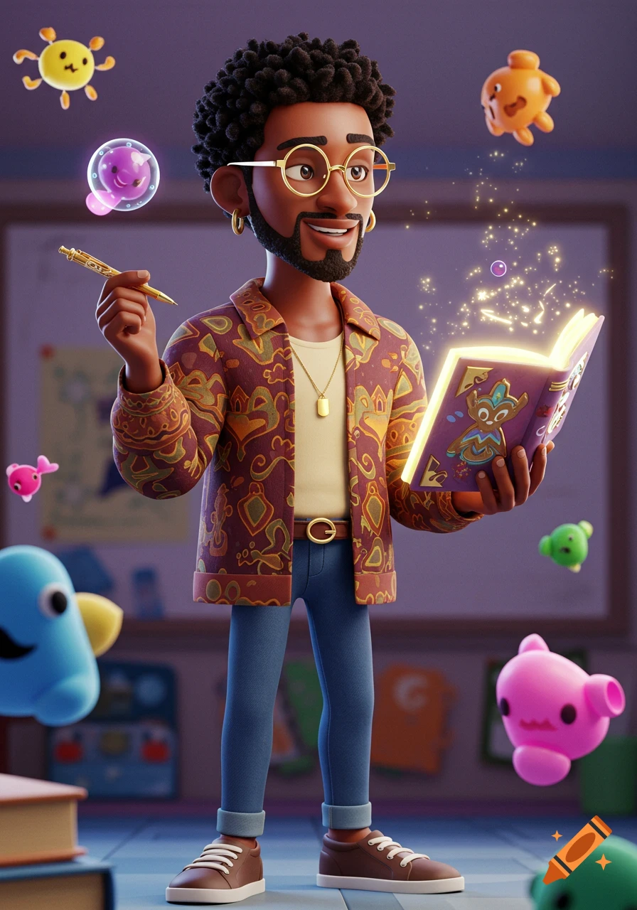 A 3D cartoon of a Black man with an afro and beard, wearing a patterned jacket, holding a pen and a glowing magical book with floating characters.