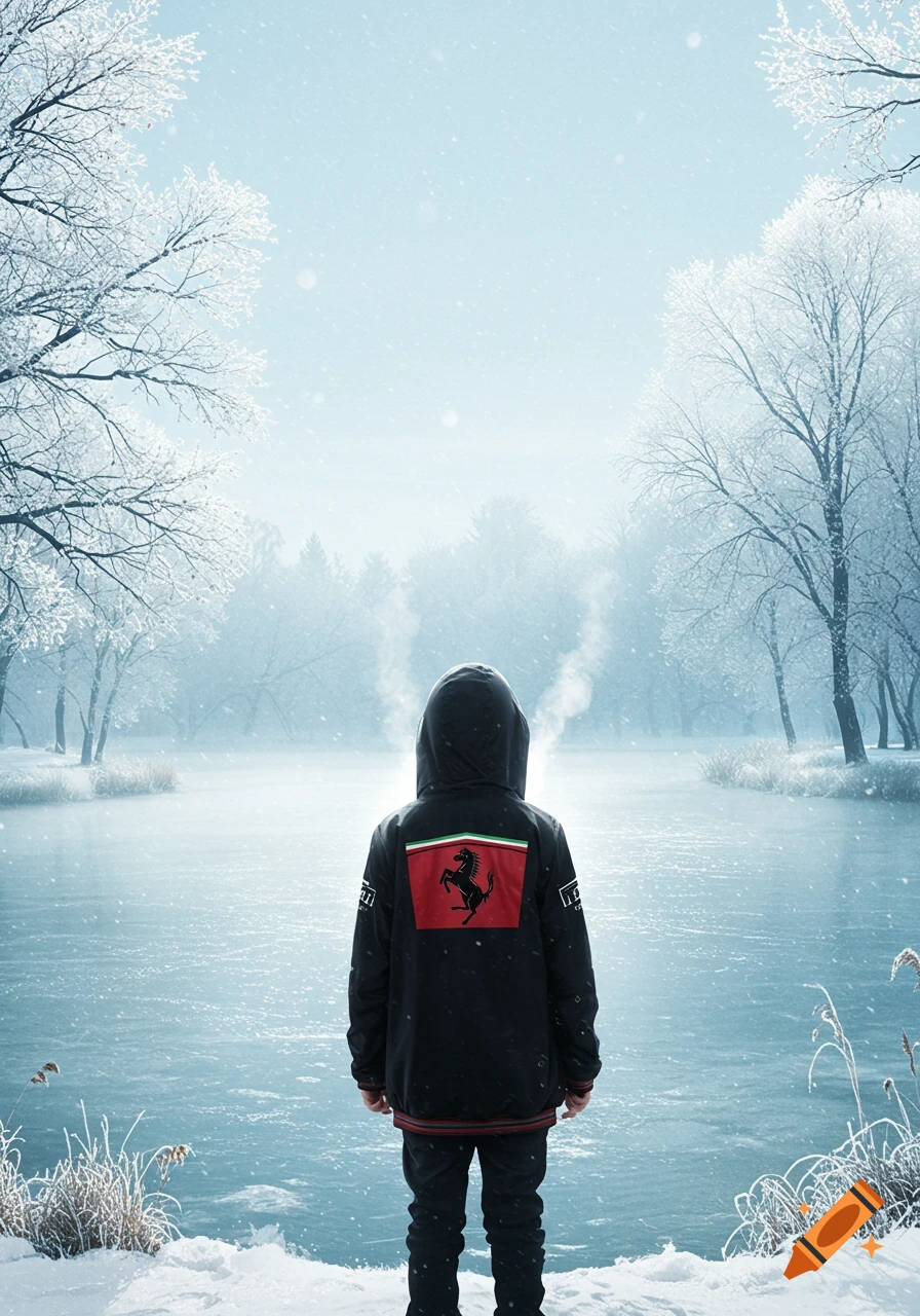 Person in black Ferrari jacket overlooks a frozen lake in a snowy winter landscape. Photorealistic style.
