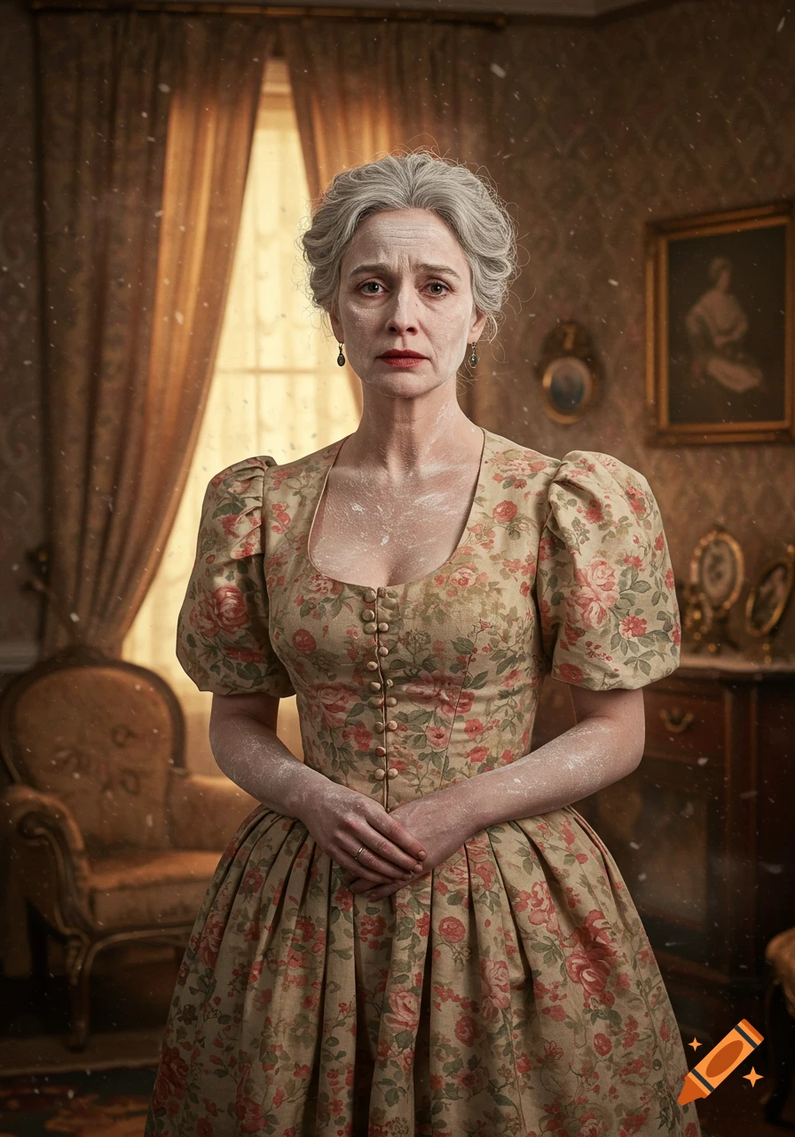 A serious-looking older woman with gray hair in a floral dress, covered in white powder, stands in a vintage room.