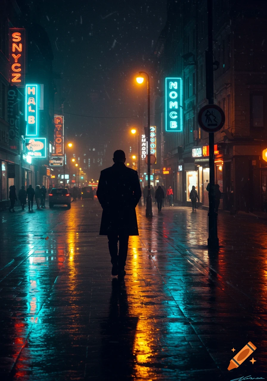 A person walks down a wet, neon-lit city street at night, with reflections of colorful lights on the pavement.