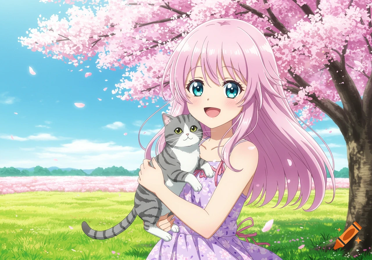 An anime girl with pink hair holding a tabby cat in a field of cherry blossoms under a blue sky.