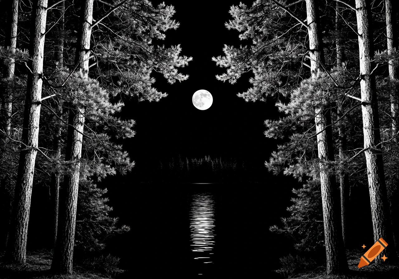 Black and white image of a moonlit lake surrounded by pine trees at night.