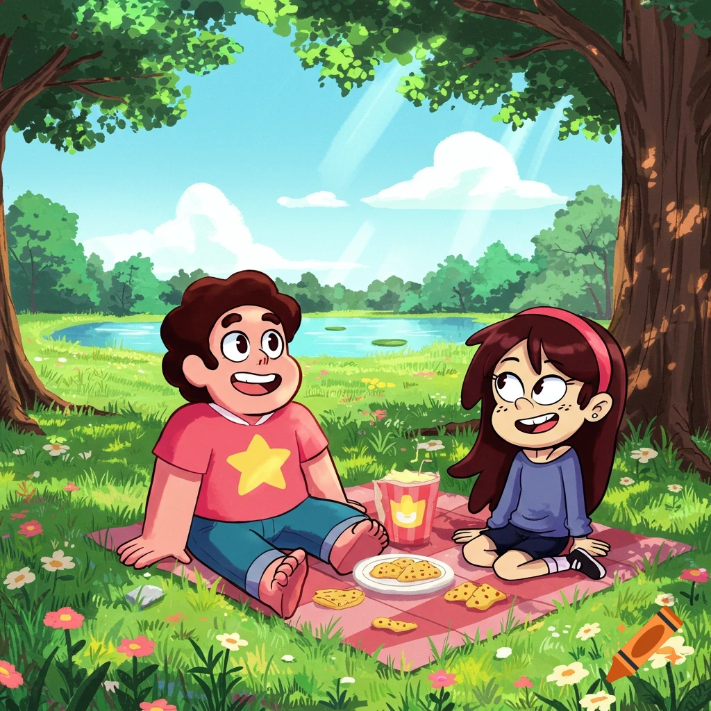 Steven Universe and Sid Chang enjoy a picnic on a sunny day in a grassy park by a pond.