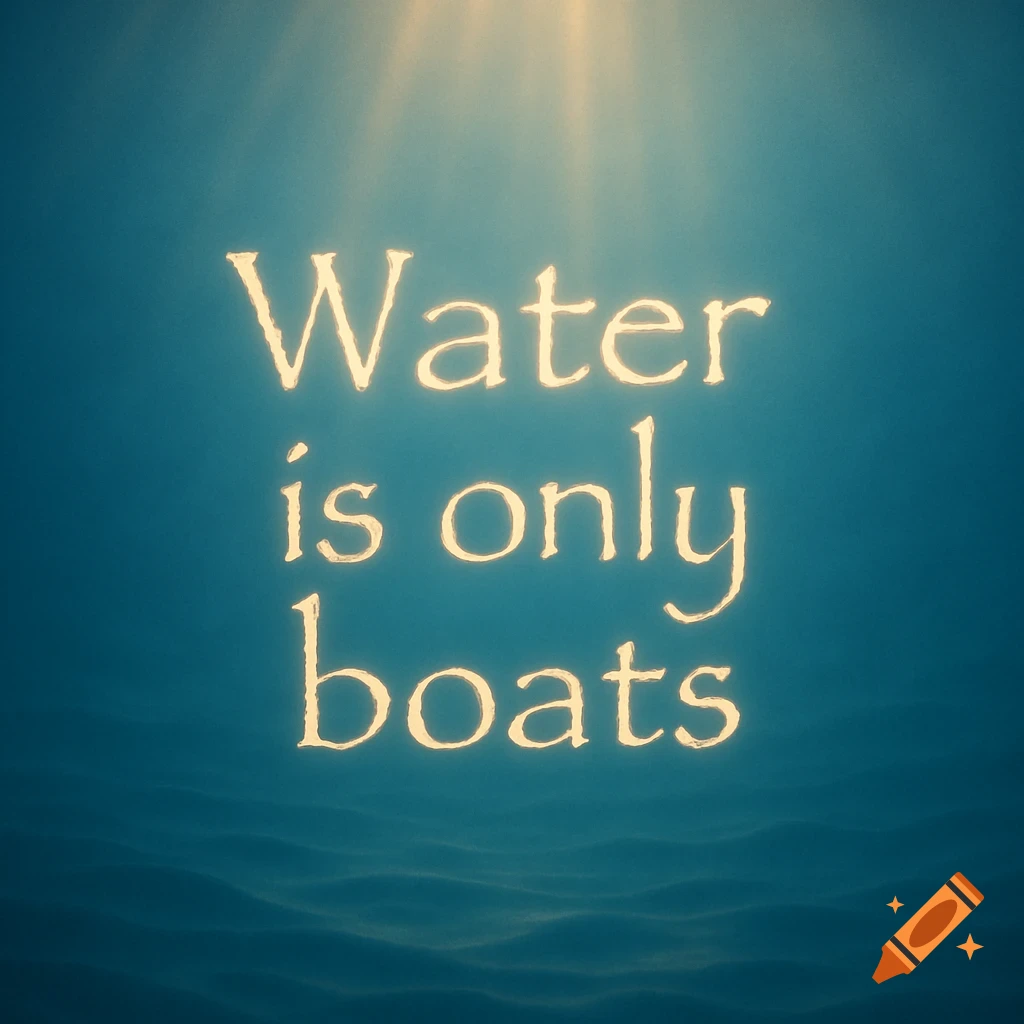 Spiritual quote "Water is only boats" glowing in a papyrus font underwater with light rays from above and subtle waves below.