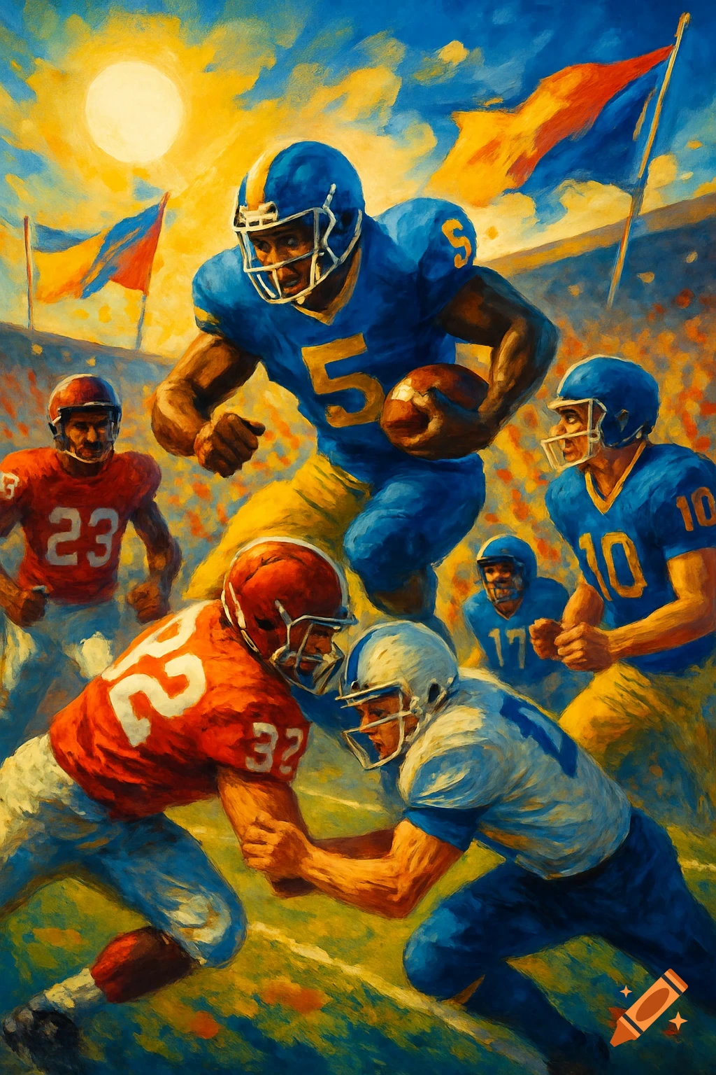 Vibrant oil painting of an American football game with players in blue and red jerseys in action on the field.