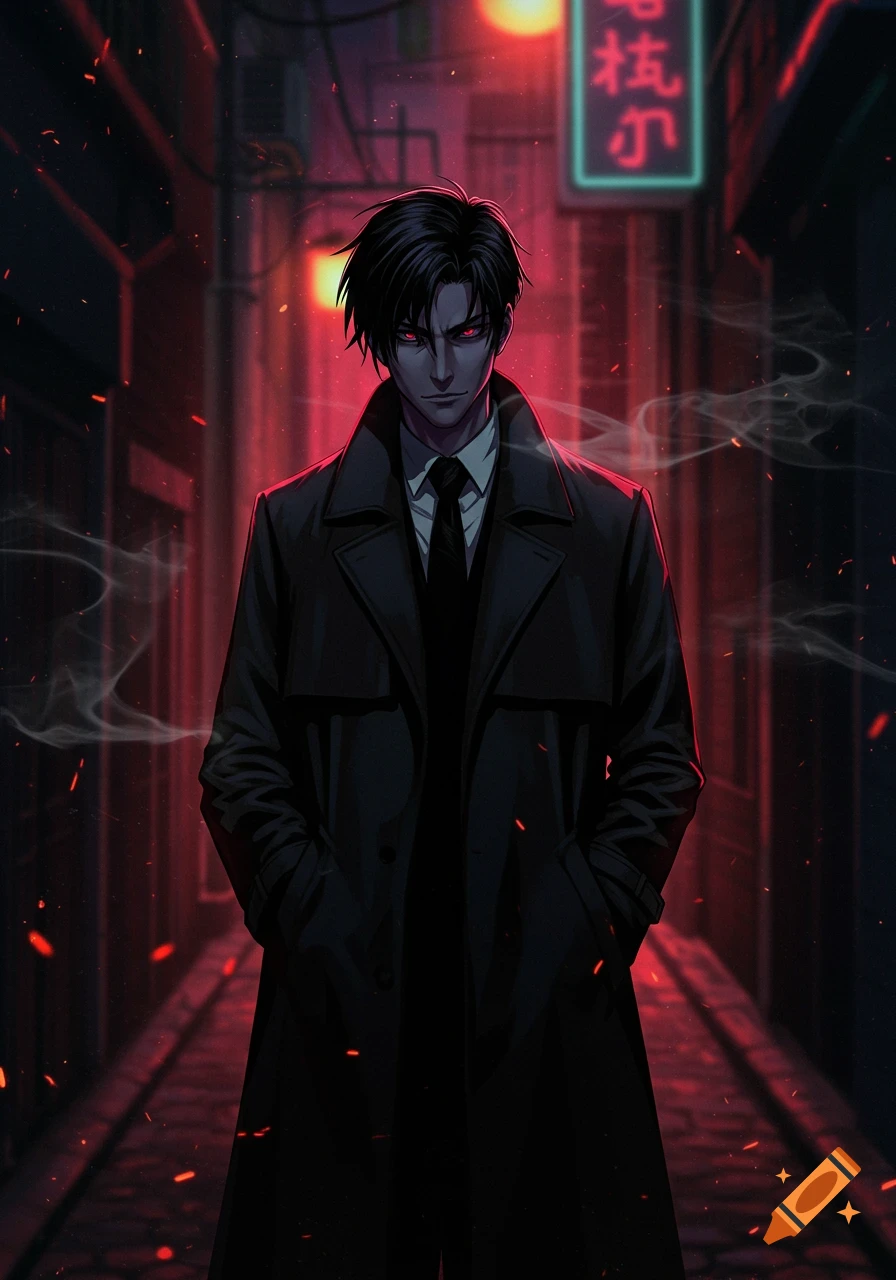 Anime style depiction of a black-haired man with red eyes in a trench coat, standing in a dark, red-lit urban alley.